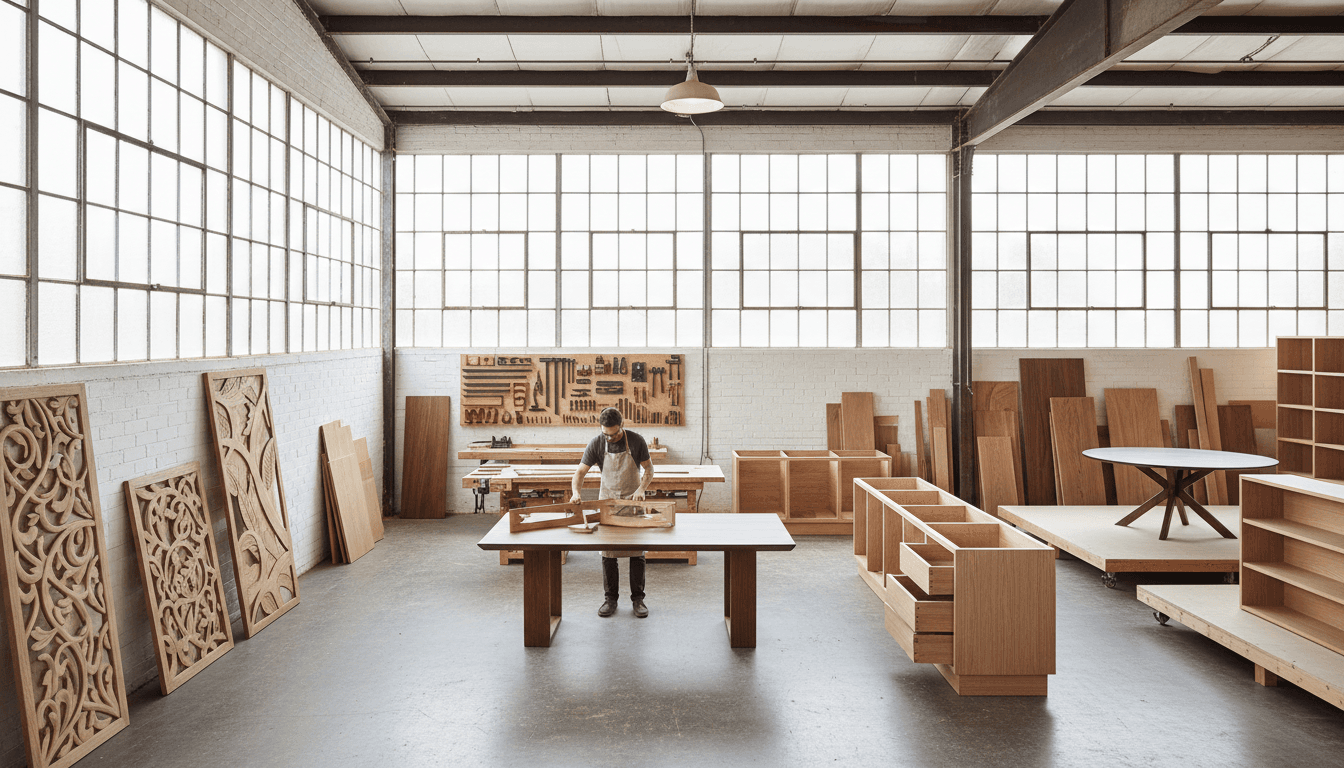 Spacious artisanal woodworking studio with master craftsperson at workbench surrounded by custom furniture pieces and natural light