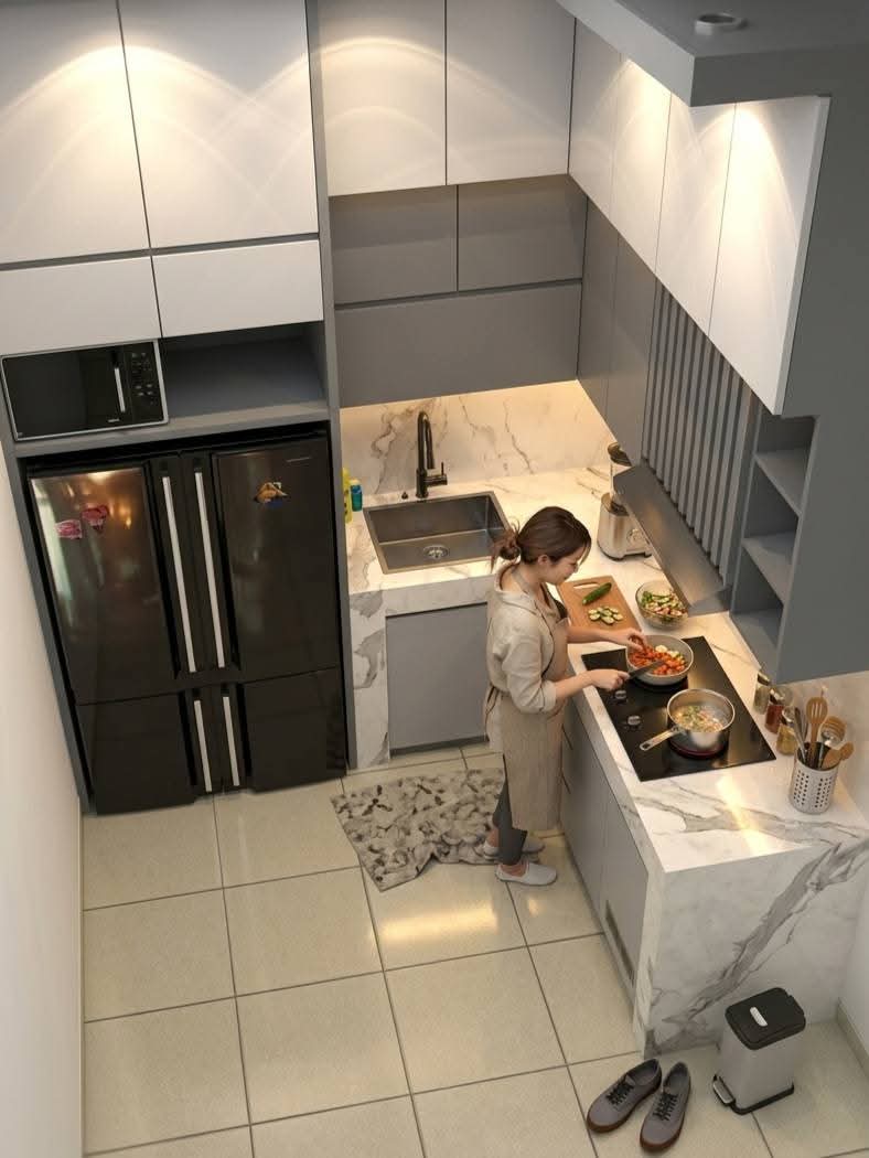 Wanita memasak di dapur modern kecil dengan meja marmer, kulkas hitam, dan kabinet abu-abu.