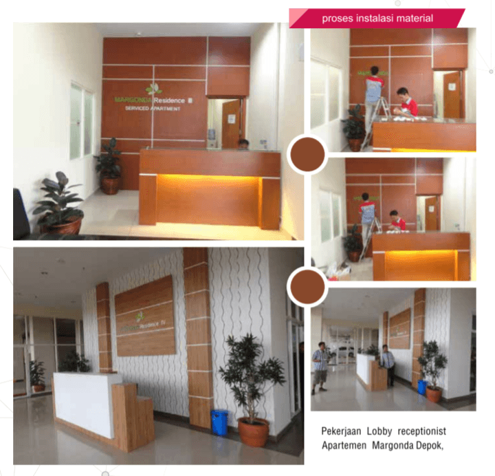 Kolase proses instalasi material dan hasil akhir area lobi resepsionis Apartemen Margonda Residence Depok.