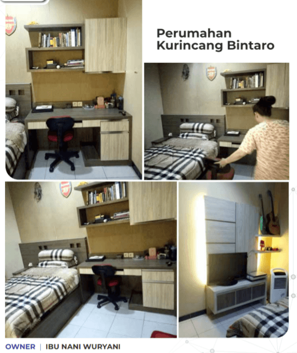 Kamar tidur di Perumahan Kurincang Bintaro dengan meja belajar, rak buku, tempat tidur, dan televisi.