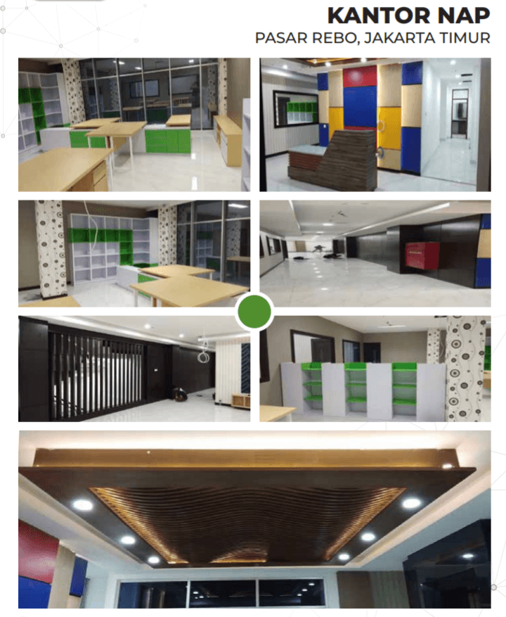 Desain interior Kantor NAP dengan furnitur minimalis, rak hijau putih, dan plafon kayu artistik.