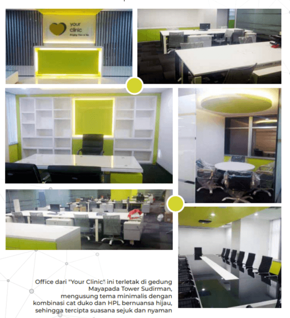 Kolase interior kantor Your Clinic dengan desain minimalis modern bernuansa hijau limau dan putih.