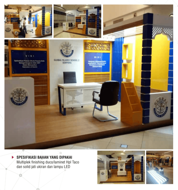 Booth pameran Global Islamic School 2 Serpong bernuansa biru kuning lengkap dengan meja dan kursi.