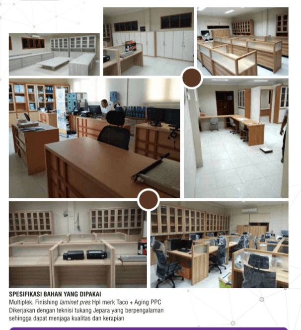 Kolase berbagai furnitur kantor kayu berkualitas, termasuk meja kerja, lemari arsip, dan bilik partisi.