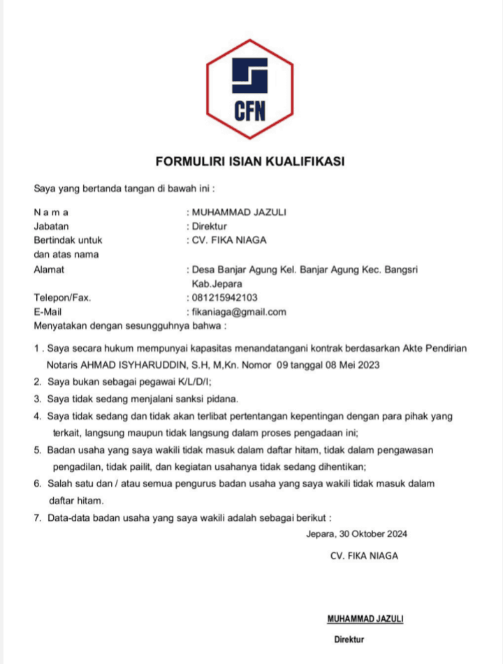 Formulir isian kualifikasi Muhammad Jazuli sebagai Direktur CV. FIKA NIAGA tertanggal 30 Oktober 2024.