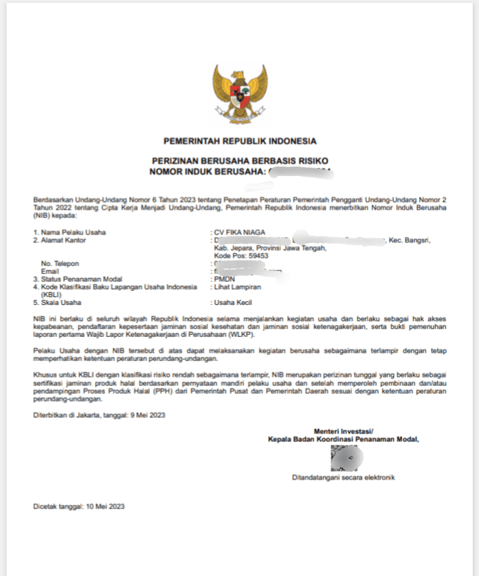 Dokumen Perizinan Berusaha Berbasis Risiko (NIB) CV FIKA NIAGA dengan logo Garuda Pancasila di atasnya.
