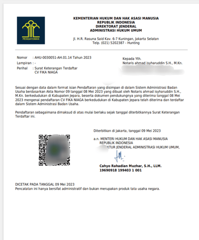 Dokumen Surat Keterangan Terdaftar CV FIKA NIAGA dari Kementerian Hukum dan Hak Asasi Manusia.
